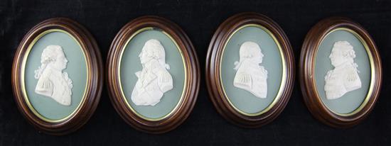 A set of four Wedgwood jasper portrait plaques of British Military Commanders, first half 19th century, 14.5cm incl. frames